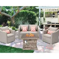 Rosecliff Heights Outdoor furniture 5-piece warm grey wicker chairs propane fire pit w 4 thick cushion w 35-inch 50,000