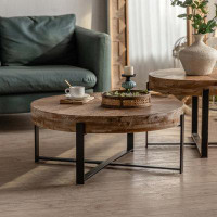 Millwood Pines 31.29"Modern Retro Splicing Round Coffee Table, Fir Wood Table Top With Black Cross Legs Base