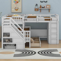 Cosmic Kids Twin-Twin over Full L-Shaped Bunk Bed With 3 Drawers, Portable Desk and Wardrobe