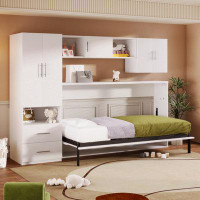 Hokku Designs Twin Size Murphy Bed With Open Shelves And Storage Drawers,Built-In Wardrobe And Table, White