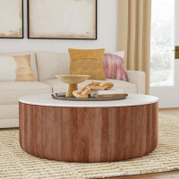 Orren Ellis Kawsar 22" Solid Wood And Marble Round Coffee Table In Brown