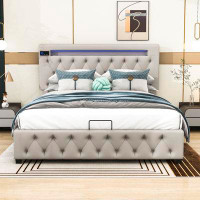 Ivy Bronx Queen Size Upholstered Platform Bed With Adjustable Headboard, LED Light And Storage