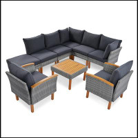 Red Barrel Studio GO 9-Piece Patio Rattan Furniture Set, Outdoor Conversation Set With Acacia Wood