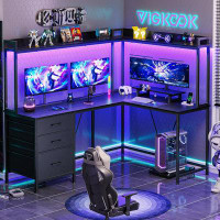 VIGKOOK L Shaped Gaming Desk With Hutch, Reversible Corner Computer Desk With Power Outlet & Led Strip