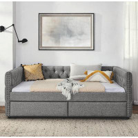 Wildon Home® Upholstered Twin Size Daybed With Two Drawers, With Button And Copper Nail On Square Arms, Grey (82.75''X43