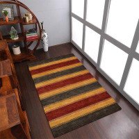 Union Rustic Manns Striped Hand-Knotted Wool Charcoal/Gold Area Rug