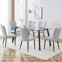 Ivy Bronx 5-piece Dining Set: Tempered Glass Table With Black Metal Legs & 4 Light Grey Pu Chairs