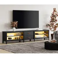 Orren Ellis WAMPAT Farmhouse TV Stand For 85 Inch TV With Yellow LED Light, White