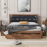 Millwood Pines Queen Size Wood Platform Bed With Upholstered Headboard And 4 Drawers