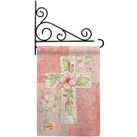Breeze Decor Pink Flower Cross - Impressions Decorative Metal Fansy Wall Bracket Garden Flag Set GS103044-BO-03