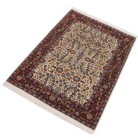 Isabelline Madora Oriental Hand-Knotted Rectangle 4' x 6' Wool/Silk Area Rug in Green/Ivory