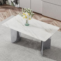 Latitude Run® Modern Minimalist Dining Table. White Imitation Marble Glass Sticker Desktop, Stainless Steel Legs, Stable