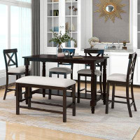 Audiohome 6-Piece Counter Height Dining Table Set Table With Shelf 4 Chairs And Bench For Dining Room