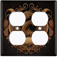 WorldAcc Metal Light Switch Plate Outlet Cover (Rustic Dragon Crest Brown  - Double Duplex)