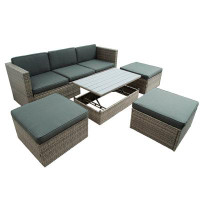 Latitude Run® 5-Piece Patio Wicker Sofa With Adustable Backrest, Cushions, Ottomans And Lift Top Coffee Table