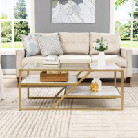 17 Stories Golden Coffee Table With Storage Shelf, Tempered Glass Coffee Table With Metal Frame For Living Room&Bedroom