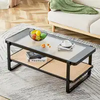 Bay Isle Home™ Modern Minimalist Rectangular Double Layer Black Solid Wood Imitation Rattan Coffee Table With A Chinese