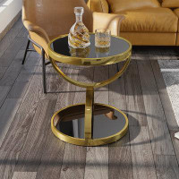 Everly Quinn Black Round Side Table Tempered Glass With Storage End Table In Gold