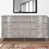 Rosdorf Park Bacopa 71 Inch 9 Drawer Wide Dresser, Elegant Trim Details, Classic Silver