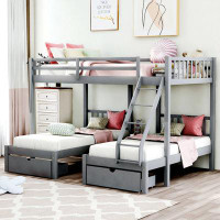 Harriet Bee Full Over Twin & Twin Bunk Bed, Wood Triple Bunk Bed With Drawers And Guardrails Grey