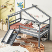 Red Barrel Studio Twin Low Loft House Bed With Slide,  Ladder, Safety Guardrails, House Roof Frame,White
