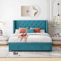 House of Hampton Storage Bed Velvet Upholstered Platform Bed with Wingback Headboard and a Big Drawer