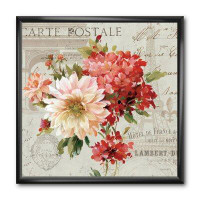 East Urban Home 'Red Painted Flowers on Vintage Postcard I' - Picture Frame Print on Canvas