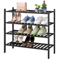 Rebrilliant 4-Tier Black Bamboo Shoe Rack For Entryway, Stackable | Foldable | Natural, Shoe Organizer For Hallway Close