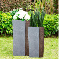 Latitude Run® Kante Lightweight Concrete Tall Modern Square Outdoor Planter Set, 28 Inch and 24 Inch Tall, Timber Ridge