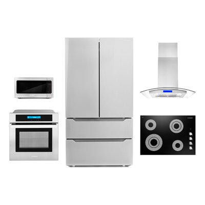 Cosmo 5 Pieces Kitchen Package with French Door Refrigerator & 30" Electric Cooktop & Wall Oven in Refrigerators