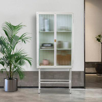 Smartmonkey Contemporary Stylish Freestanding Metal Accent Cabinet with Fluted Glass Doors and Sides