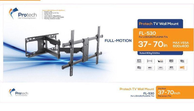 FULL MOTION TV WALL MOUNT 37-70 INCH TV HOLD 60 KG (132 LB) FOR FLAT, LED OR  CURVED TV MOUNT in General Electronics in City of Toronto