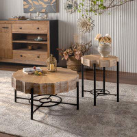 Millwood Pines Vintage Patchwork Lace Shape Coffee Table with Pine Table Top and Metal Cross Legs Set of 2