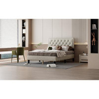Winston Porter Full Size Panel Bed Frame With Button-tufted Headboard - Linen Upholstered, Wood Slat Support, Easy Assem
