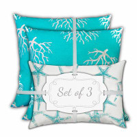 HomeRoots Set Of Three 18" X 18" Ocean Blue And White Corals Blown Seam Coastal Throw Indoor Outdoor Pillow