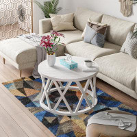Gracie Oaks Viradis Farmhouse Coffee Table, Rustic Round Coffee Table with X-Motifs Legs, Wood Textured Top