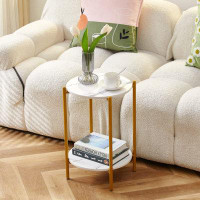 Mercer41 Temmo 2-layer End Table with Whole Marble Tabletop, Round Coffee Table with Golden Metal Frame