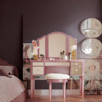 Rosdorf Park Makeup Vanity Set With Mirrored Drawers And Stool