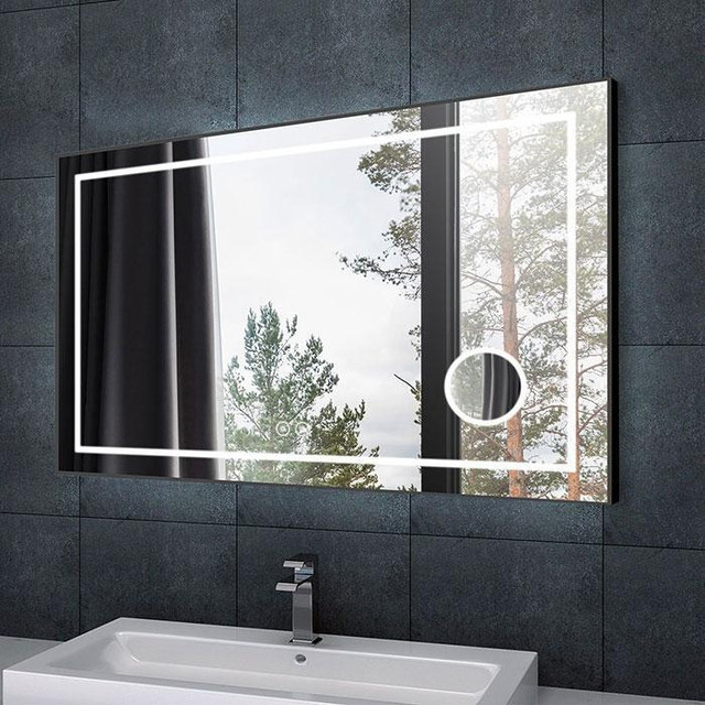 LED Bathroom Mirror (55x36) w Bluetooth Speakers, Touch Button, Anti Fog, Dimmable & Magnifier w Horizontal Mount in Floors & Walls - Image 2
