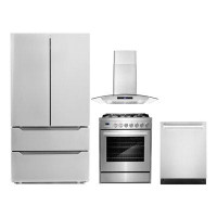 Cosmo 4 Piece Kitchen Package With 30" Freestanding Gas Range 30" Wall Mount Range Hood 24" Built-in Fully Integrated Di