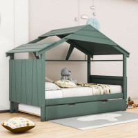Harper Orchard Praneeth Twin Size Wood House Bed with Twin Size Trundle and Shelves
