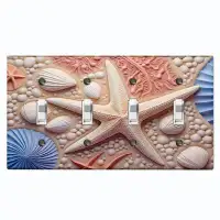 WorldAcc Metal Light Switch Plate Outlet Cover (Ocean Pink Sea Shell Star Fish - Quadruple Toggle)