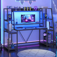 Wrought Studio Gaming Desk 65.7'' With Led Lights, Hutch And Storage Shelves, Computer Desk With Monitor Stand, Large Pc