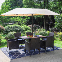 Lark Manor 7-piece Metal Steel Outdoor Pe Rattan Wicker Dining Set With Umbrella, Navy Blue Cushions, Rectangular Wood-l