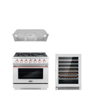 Cosmo Cosmo 3 Piece Kitchen Appliance Package with 36'' Gas Freestanding Range , Insert Range Hood , and Wine Refrigerat in Refrigerators