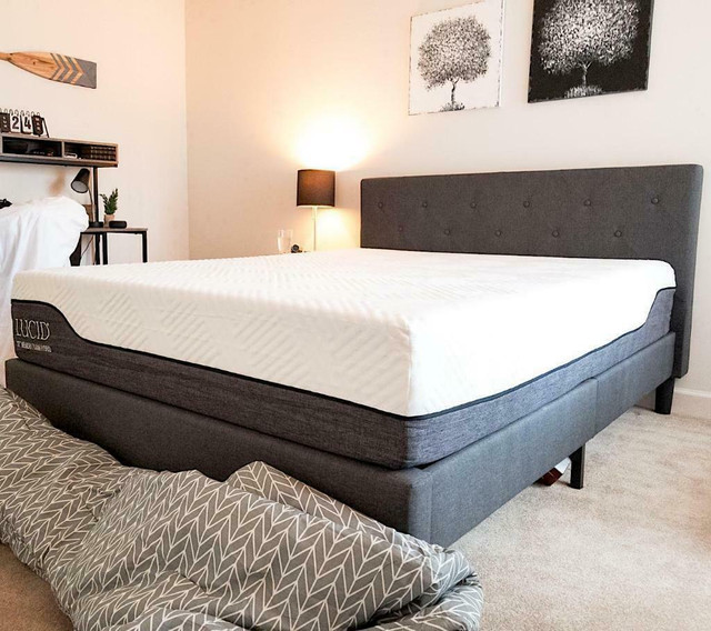 Upholstered Platform Bed Frame Full Queen King Twin Bedframe Headboard in Beds & Mattresses