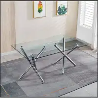 Wrought Studio Rectangular Tempered Glass Dining Table with Double Stainless Steel Base, Modern Dining Room