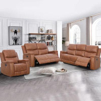 Latitude Run® Ilkeston 3-Piece Cognac Leather Reclining Living Room Set, Recliner Loveseat & Sofa