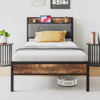 17 Stories Bed Frame, Storage Headboard With Charging Station, Solid And Stable