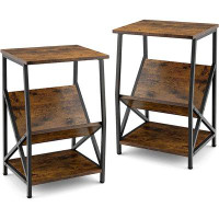 17 Stories Side End Table Set Of 2, Industrial Nightstand Accent Table W/Metal X Shaped Frame & Wood Look For Living Roo